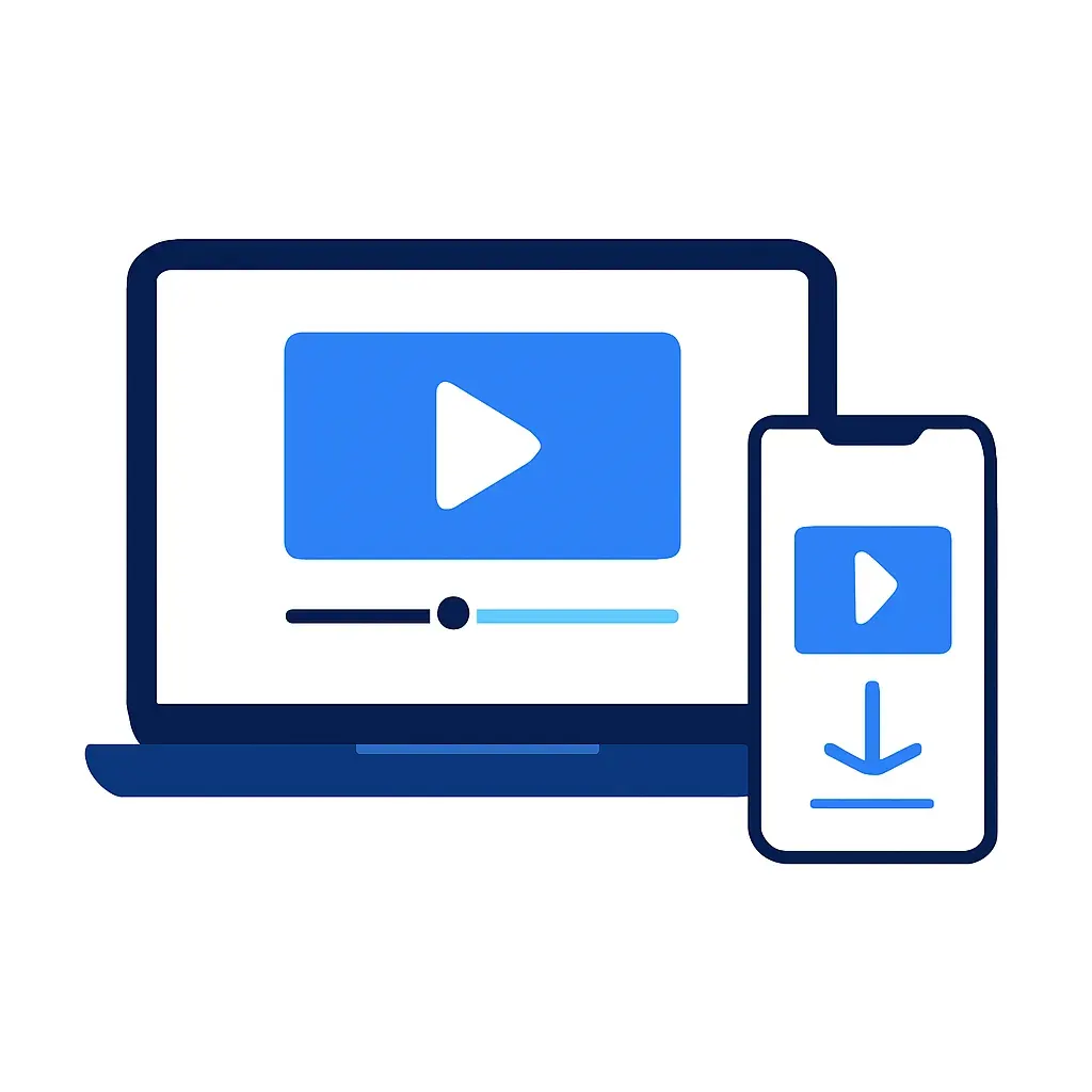 Laptop i telefon uz simbol preuzimanja videa